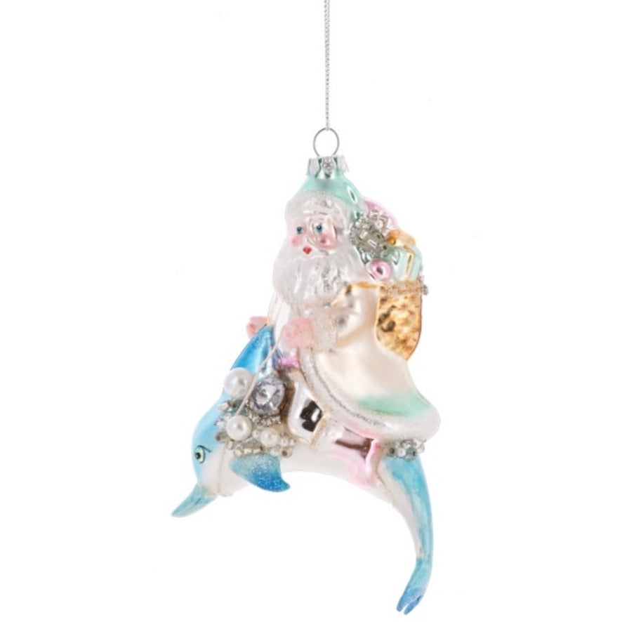 Coastal Santa on Dolphin Glass Ornament | Putti Christmas Canada