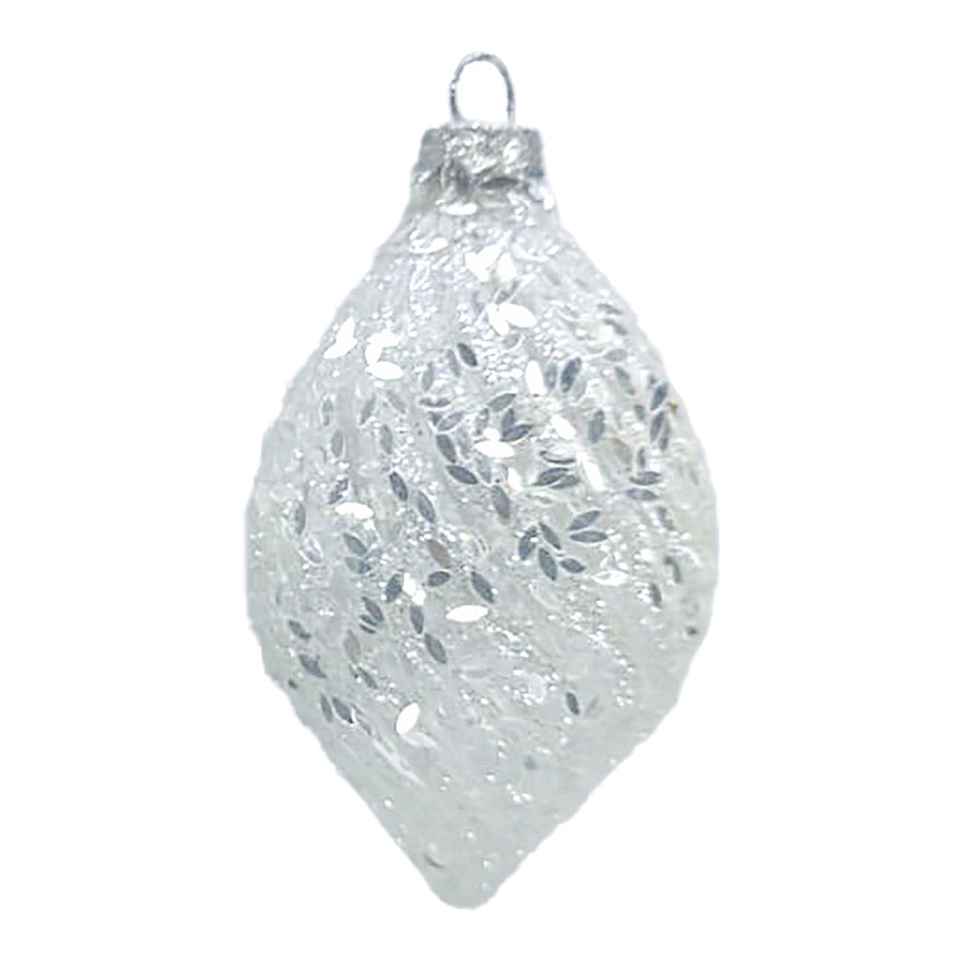 White Frosted with Silver Lef Sequins Glass Double Point Ornament