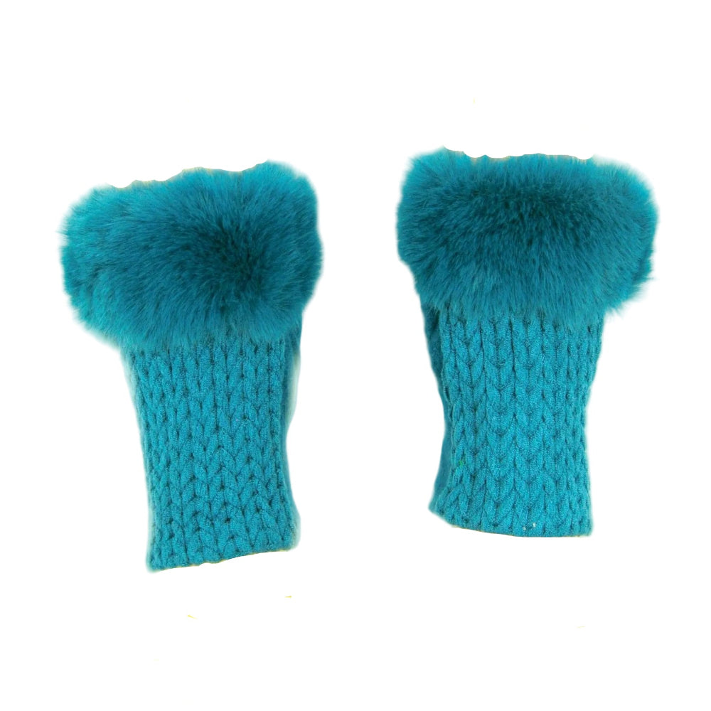 Cashmere Blend Fur Trimmed Fingerless Gloves - Turquoise