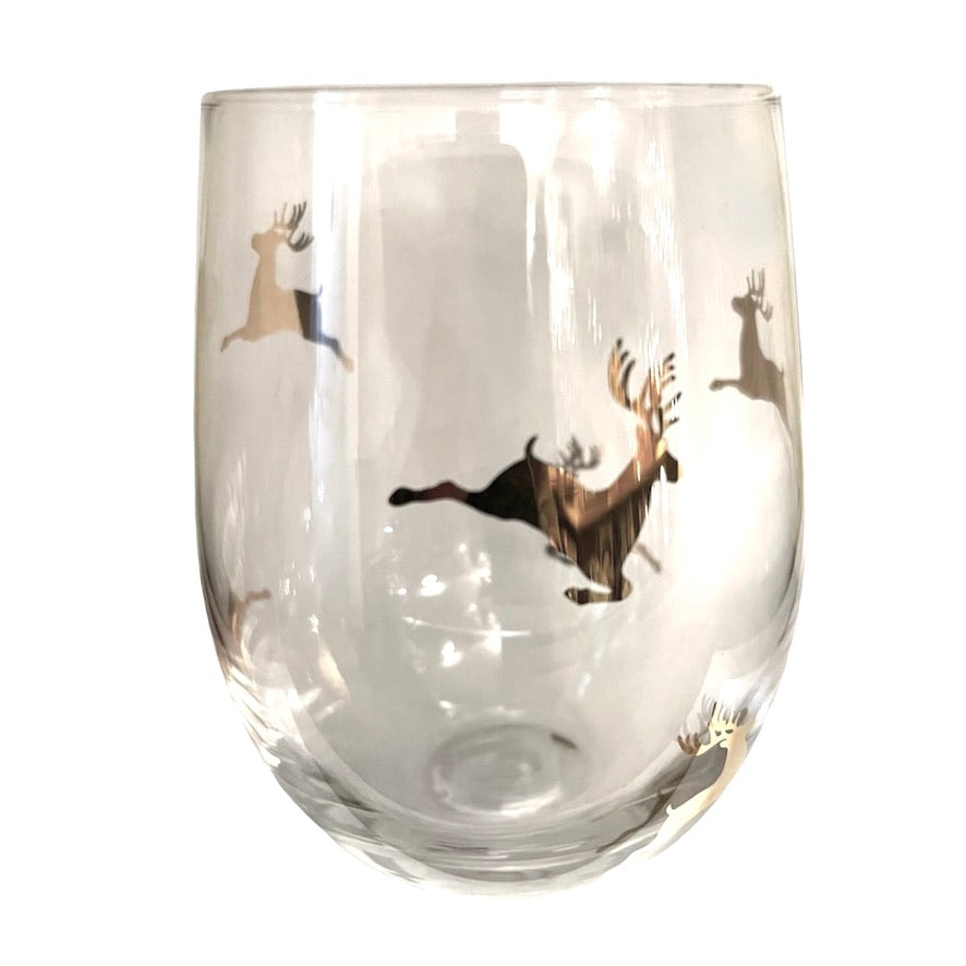 Gold Reindeer Stemless Wine Glass