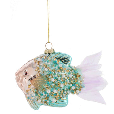 Aqua Beaded Glass Fish Ornament
