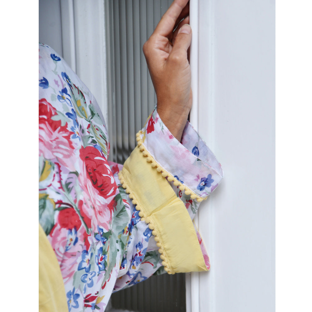 "Vintage Floral" Lemon Pom Pom Trim Cotton Ladies Dressing Gown