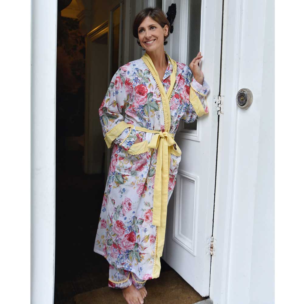 "Vintage Floral" Lemon Pom Pom Trim Cotton Ladies Dressing Gown