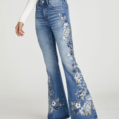 Driftwood "Farrah Bluebell" Flared Hand Embroidered Jeans