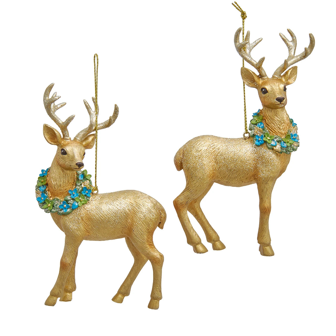 Gold Deer With Blue and Green Wreath Ornament
