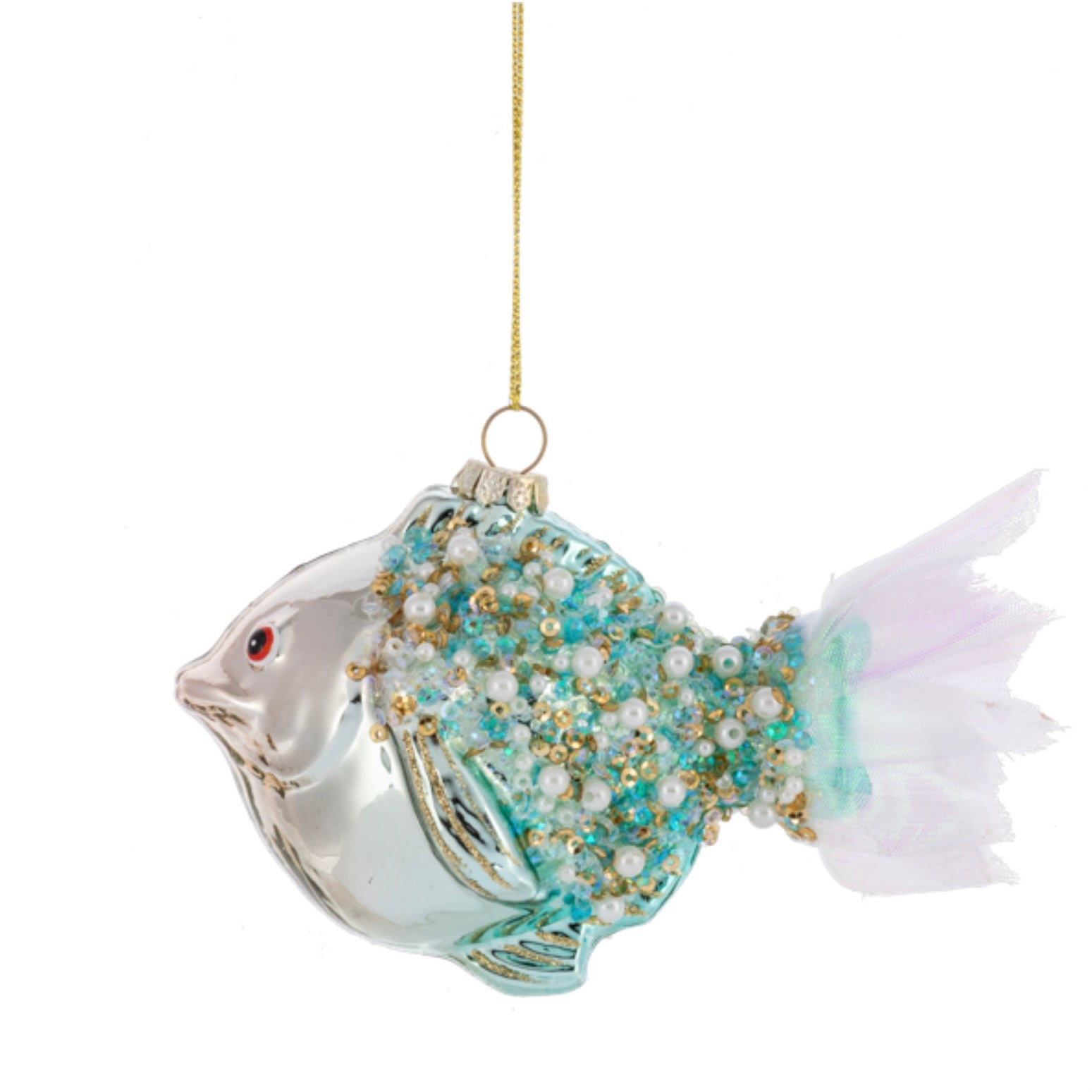 Aqua Beaded Glass Fish Ornament
