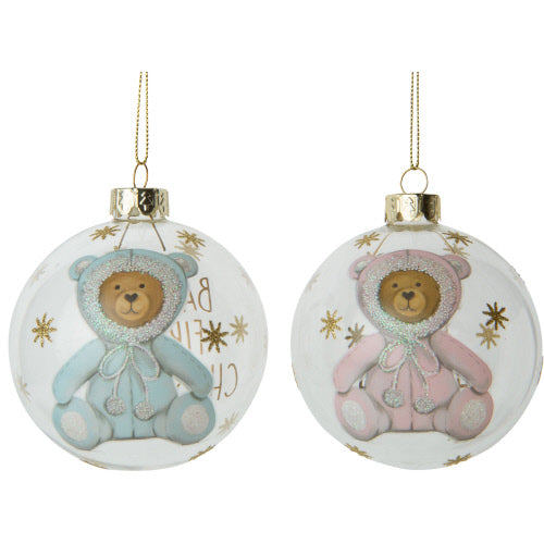 "Baby's First Christmas" Teddy Bear Glass Ball Ornament Blue | Putti Christmas