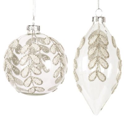 Clear with White Beaded Leaf Drops Glass Ball Ornament  | Putti Christmas Decorations