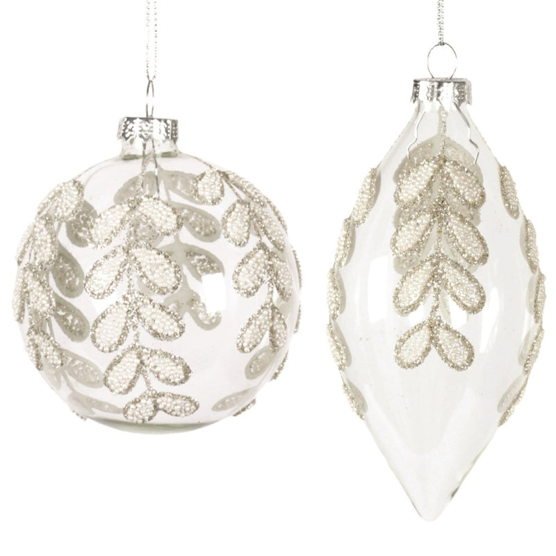 Clear with White Beaded Leaf Drops Glass Double Point Ornament