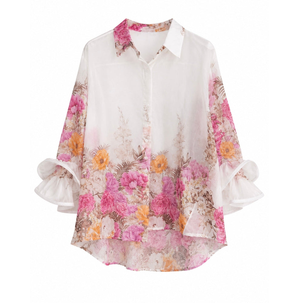 Frill Sleeve Cotton Shirt with Pink Floral Print | Putti Fine Fashions