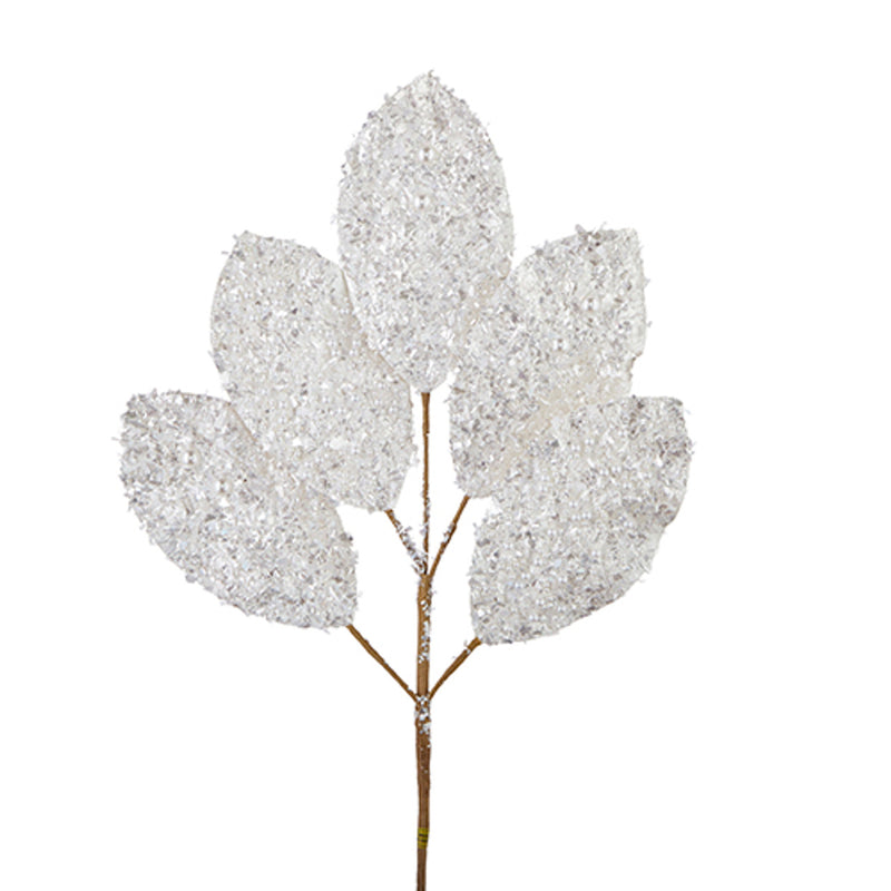 White Glitter Magnolia Leaf Spray | Putti Christmas Decoration