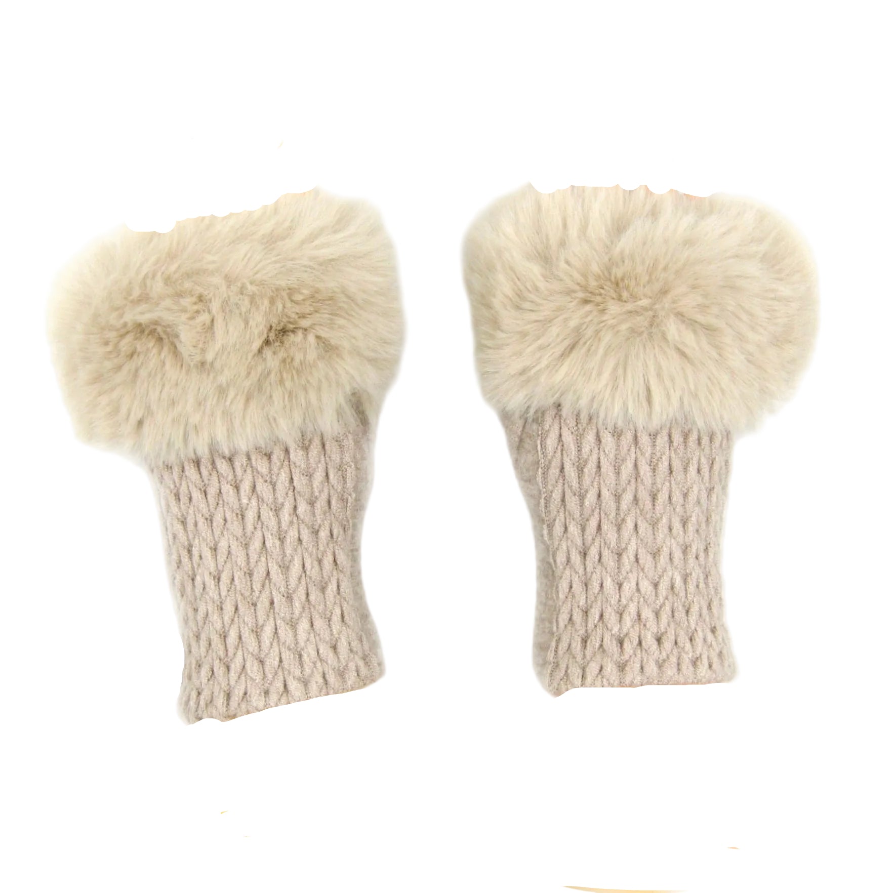 Cashmere Blend Fur Trimmed Fingerless Gloves - Taupe