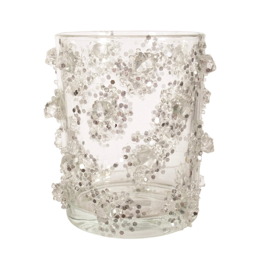 Tealight Holder with Glittered Glass Ice Crystals