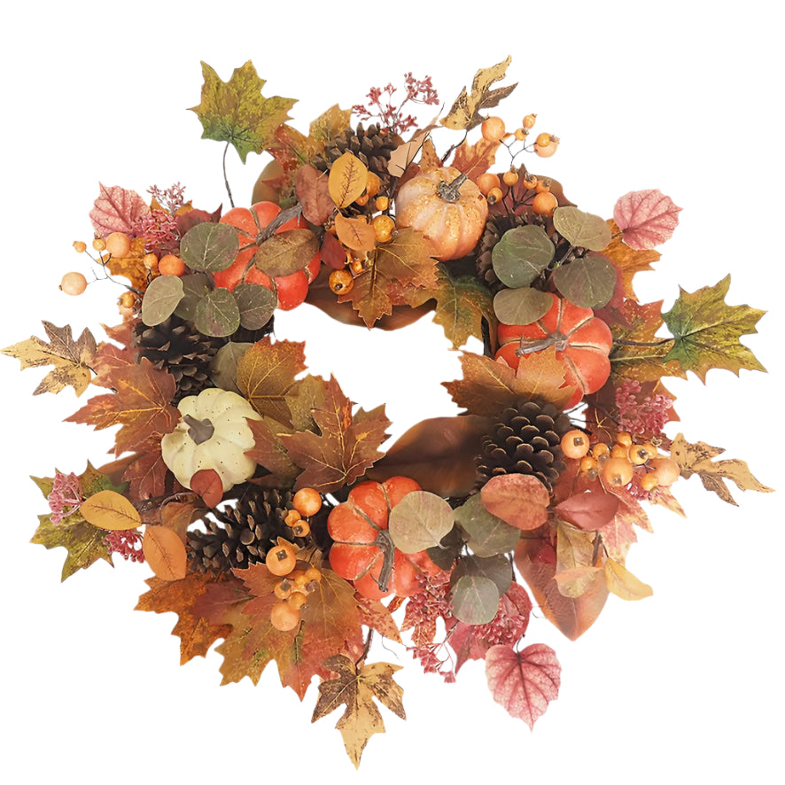 Fall Wreath with Pumpkins, Maple Leaves and Pinecones