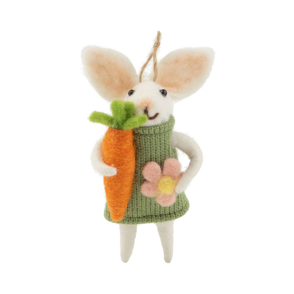 Felt Bunny Ornament with Green Knit Dress | Putti Fine Furnishings