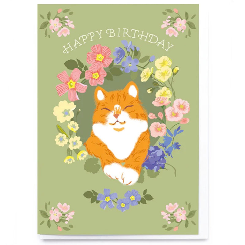 Floral Ginger Cat Happy Birthday Greeting Card | Putti Celebrations