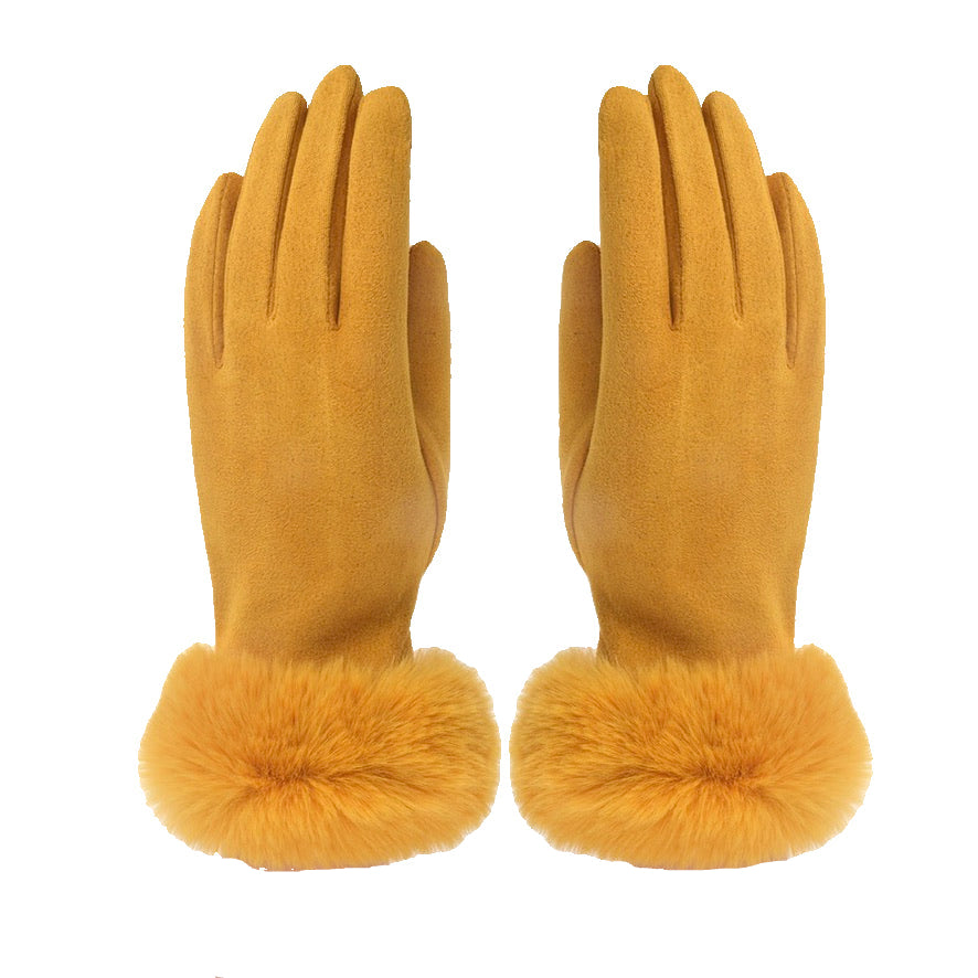 Fur Trimmed Ultra Suede Gloves - Mustard | Putti Fine Fashions