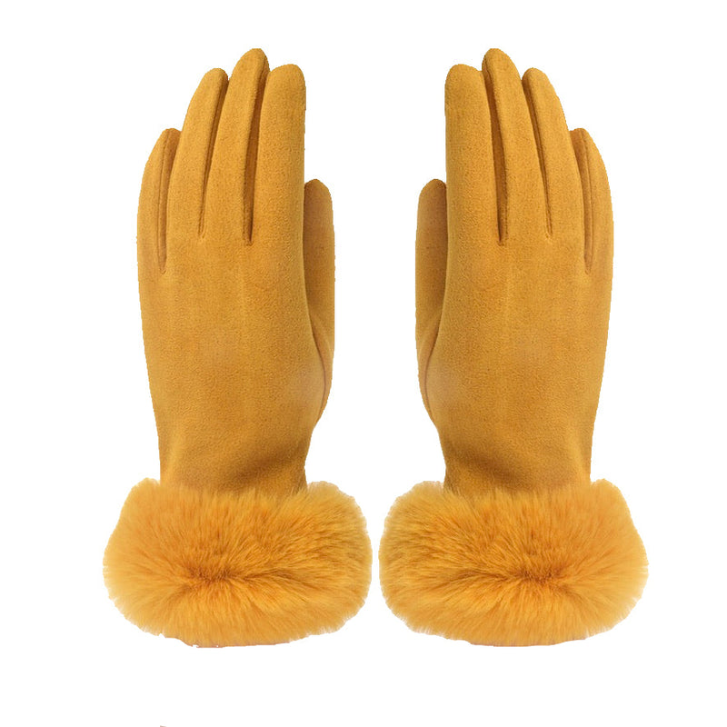Fur Trimmed Ultra Suede Gloves - Mustard | Putti Fine Fashions