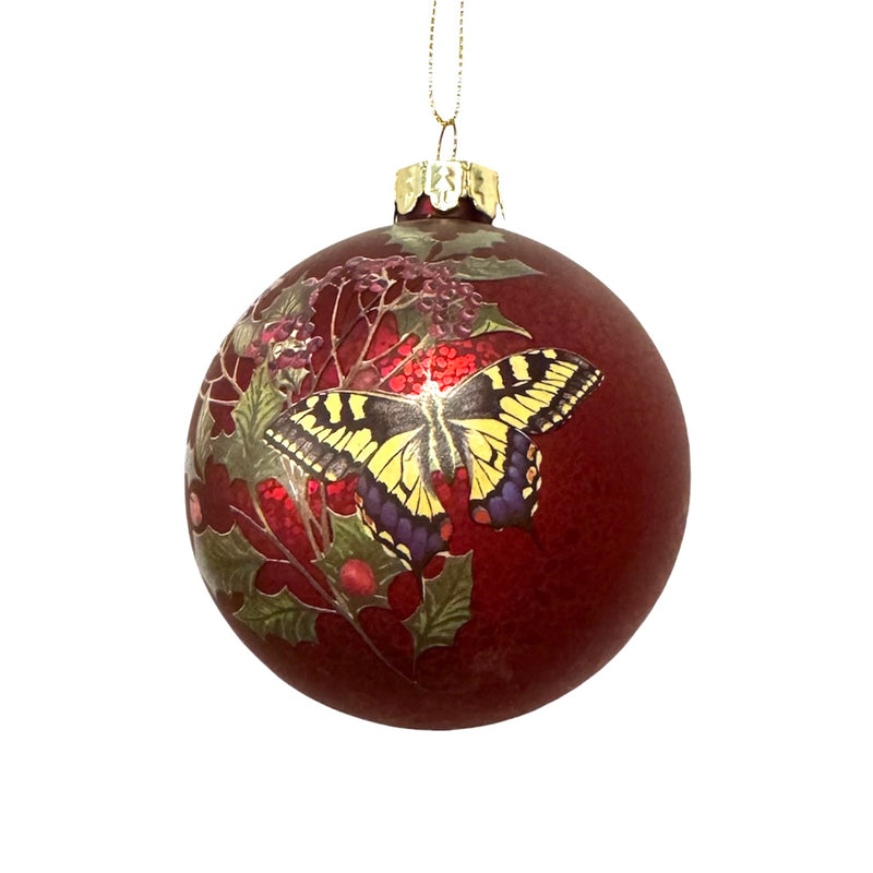 Burgundy with Butterflies and Branches Glass Ball Ornaments