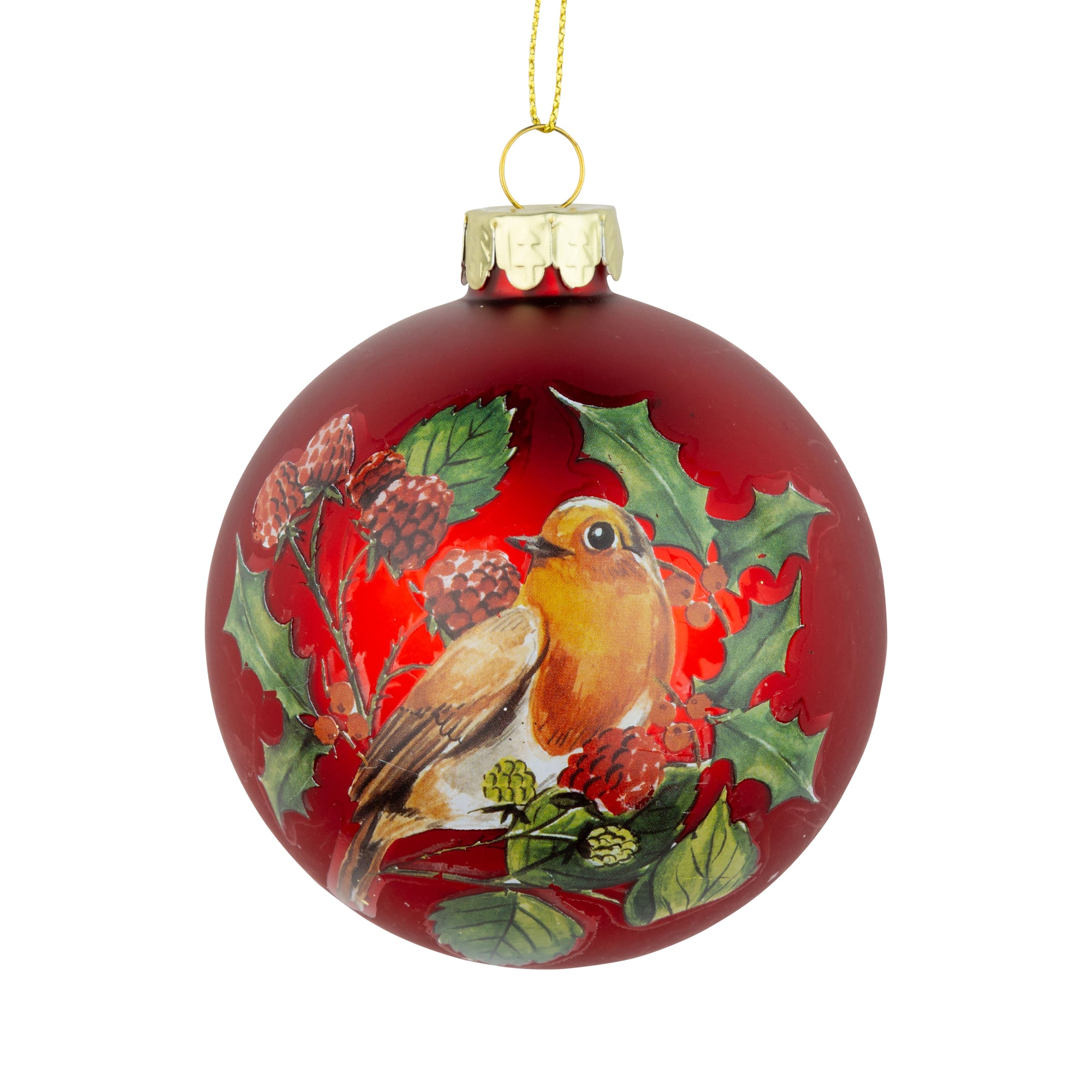 Matte Red Robin & Holly Design Glass Ball Ornament