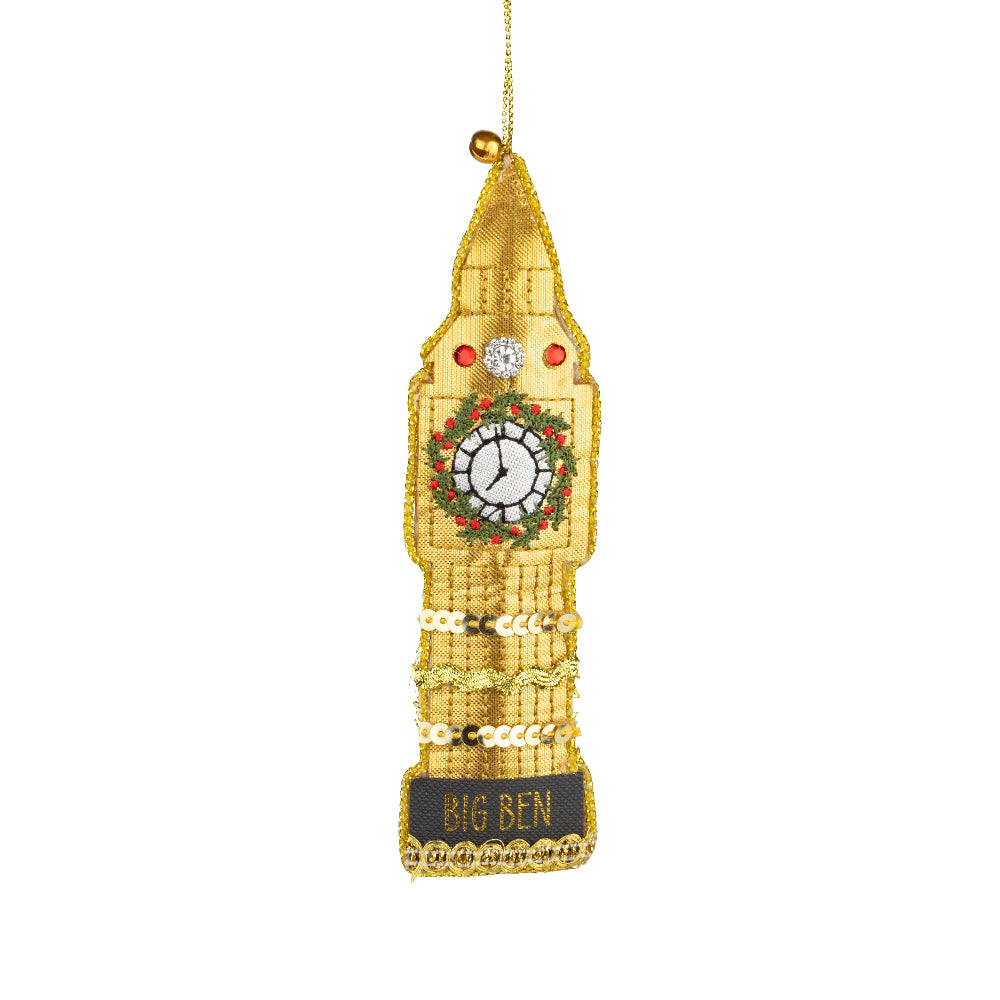 Gold Embroidered Edge Jeweled Big Ben Ornament | Putti Christmas