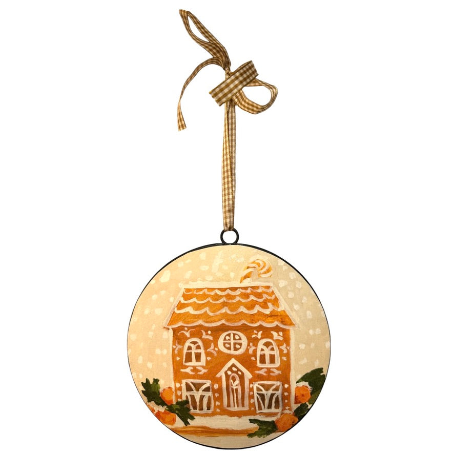 Gingerbread House Metal Disc Ornament | Putti Christmas Canada