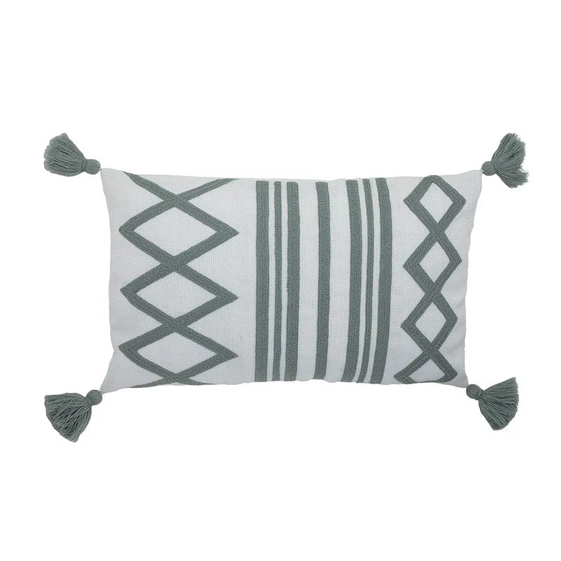 Green Geometric Embroidered Recangular Indoor/Outdoor Pillow | Putti Fine Furnishings 