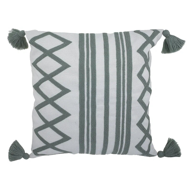 Green Geometric Embroidered Square Indoor/Outdoor Pillow
