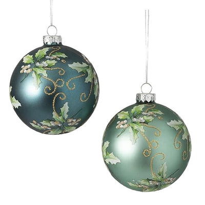 Glittered Holly Glass Ball Ornament | Putti Christmas Celebrations
