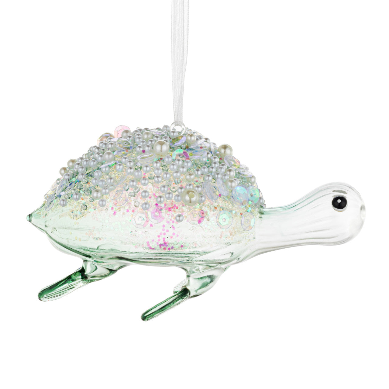 Green Sea Turtle with Pearls Glass Ornament | Putti Christmas Decorations