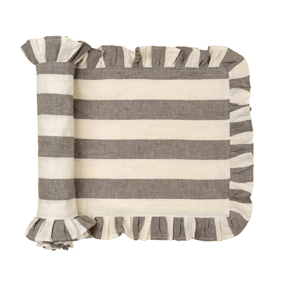 Grey and White Thick Stripe Ruffle Table Runner | Putti Fine Furnishings