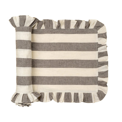 Grey and White Thick Stripe Ruffle Table Runner | Putti Fine Furnishings
