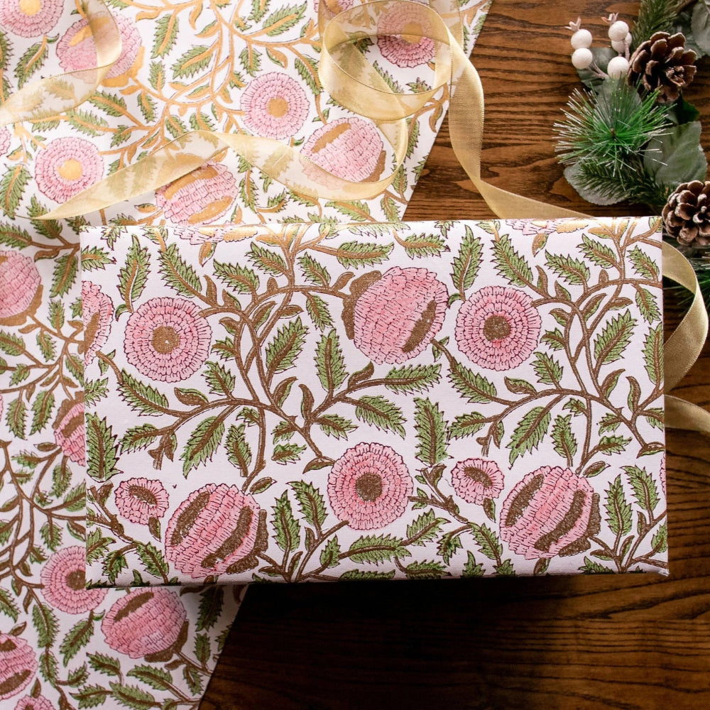 Hand Block Printed Gift Wrap Sheets - Marigold Glitz Blush | Putti