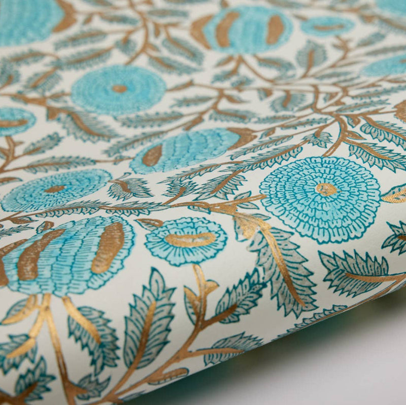 Hand Block Printed Wrapping Paper Sheets- Marigold Glitz Turquoise |  Putti