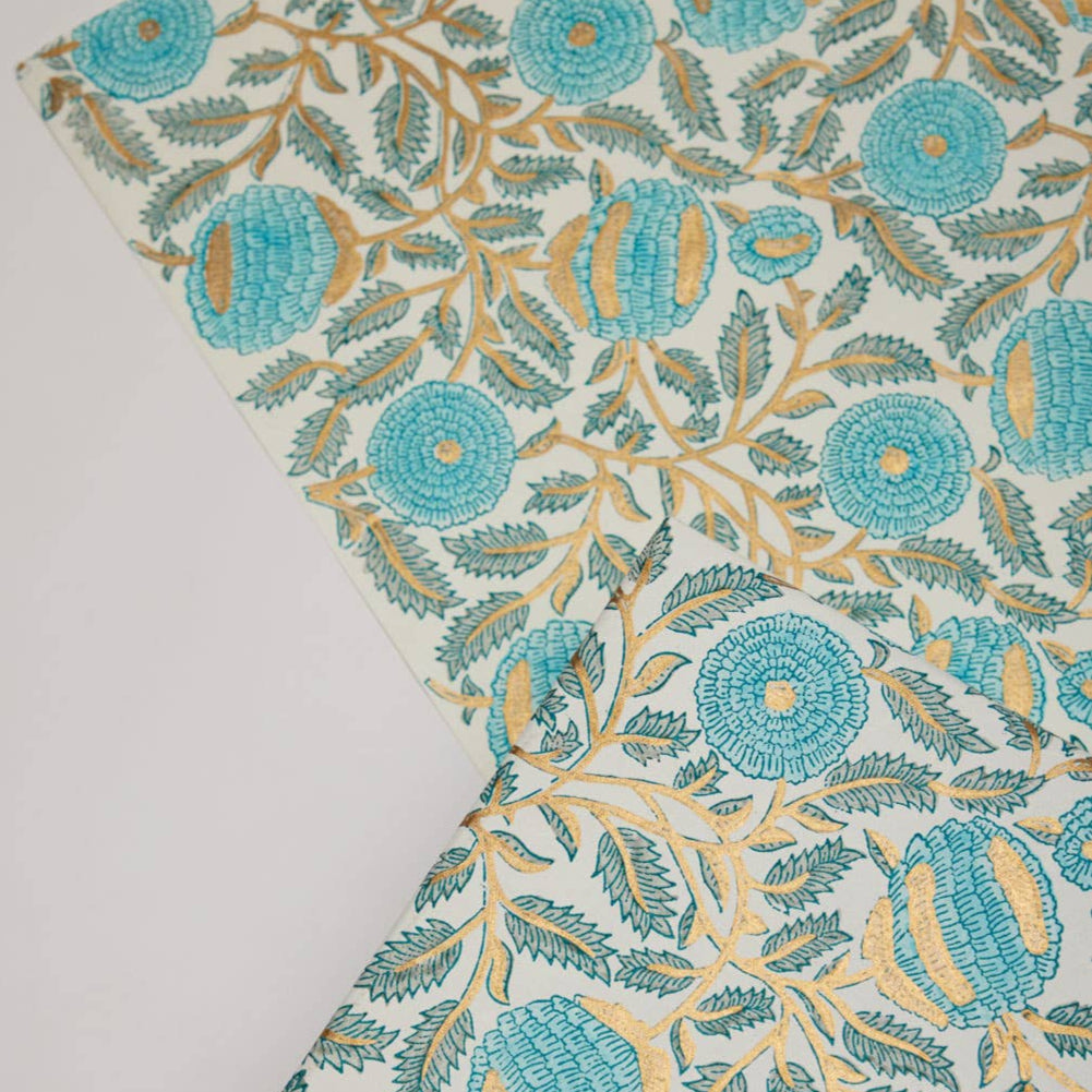 Hand Block Printed Wrapping Paper Sheets- Marigold Glitz Turquoise |  Putti