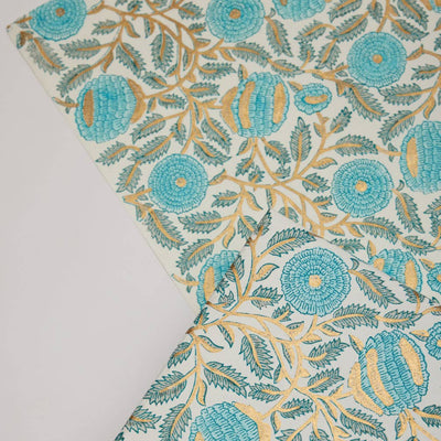 Hand Block Printed Wrapping Paper Sheets- Marigold Glitz Turquoise |  Putti