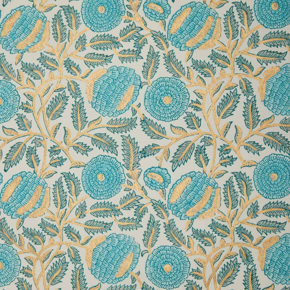 Hand Block Printed Wrapping Paper Sheets- Marigold Glitz Turquoise |  Putti