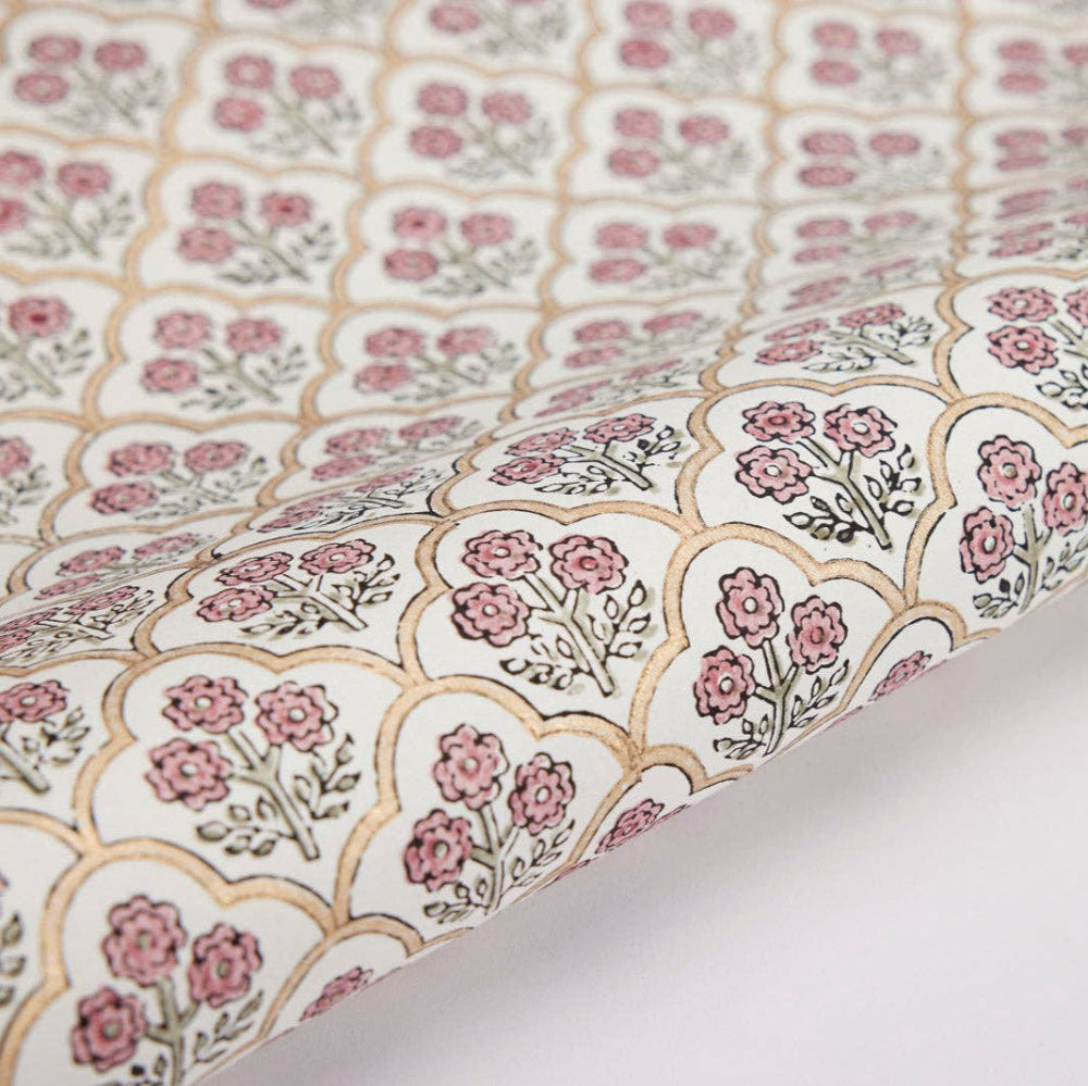 Hand Block Printed Wrapping Paper Sheets - Trellis Pink Earth | Putti