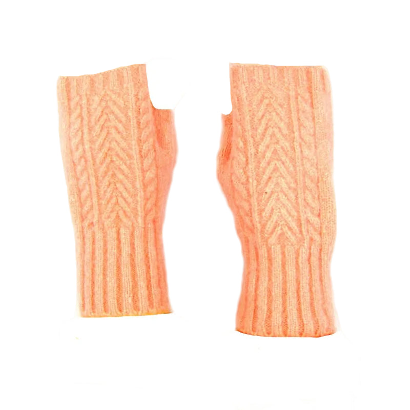 Cashmere Blend Cable Knitted Fingerless Gloves - Pink