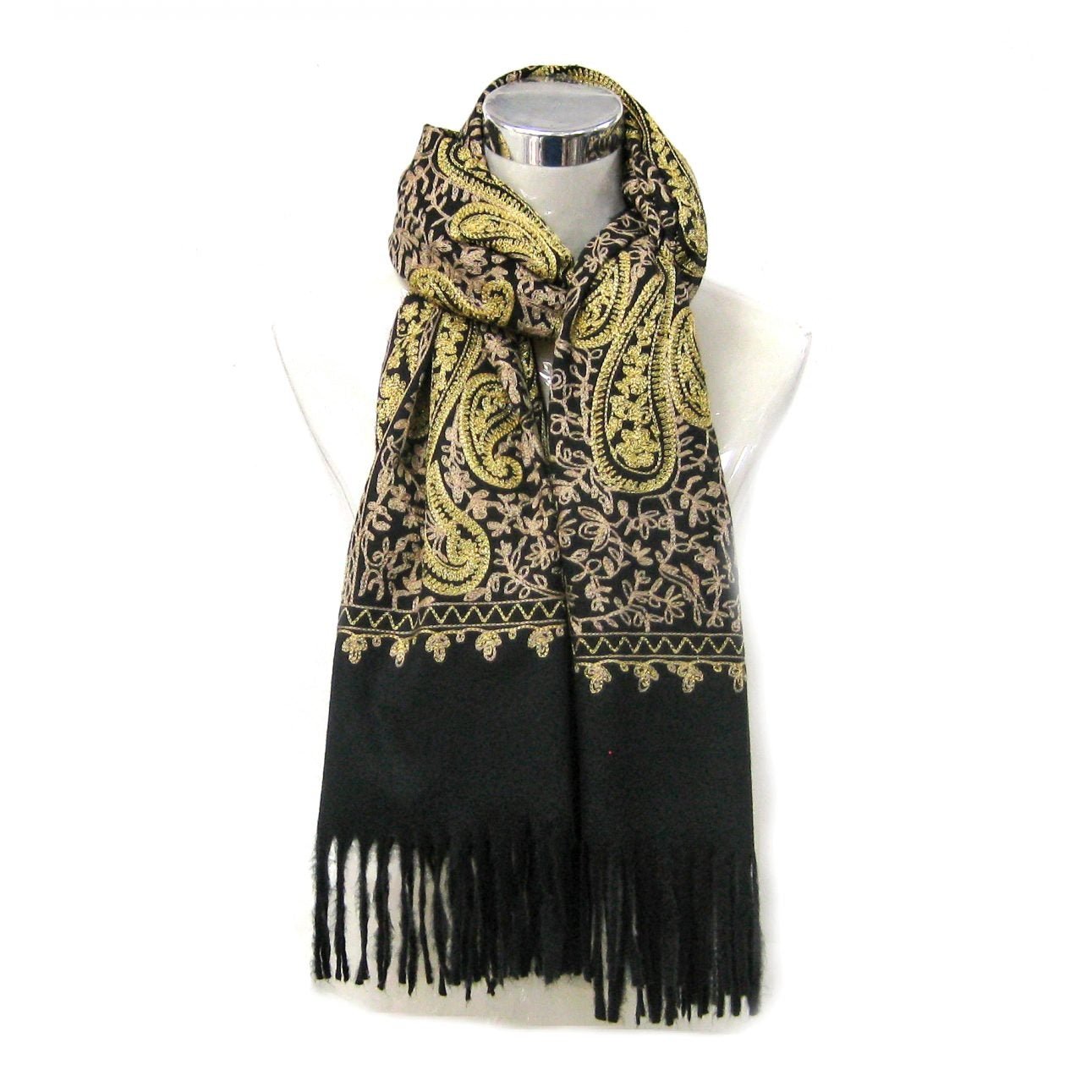 Cashmere Gold Embroidery Paisley Pattern Scarf - Black | Putti Fine Fashions