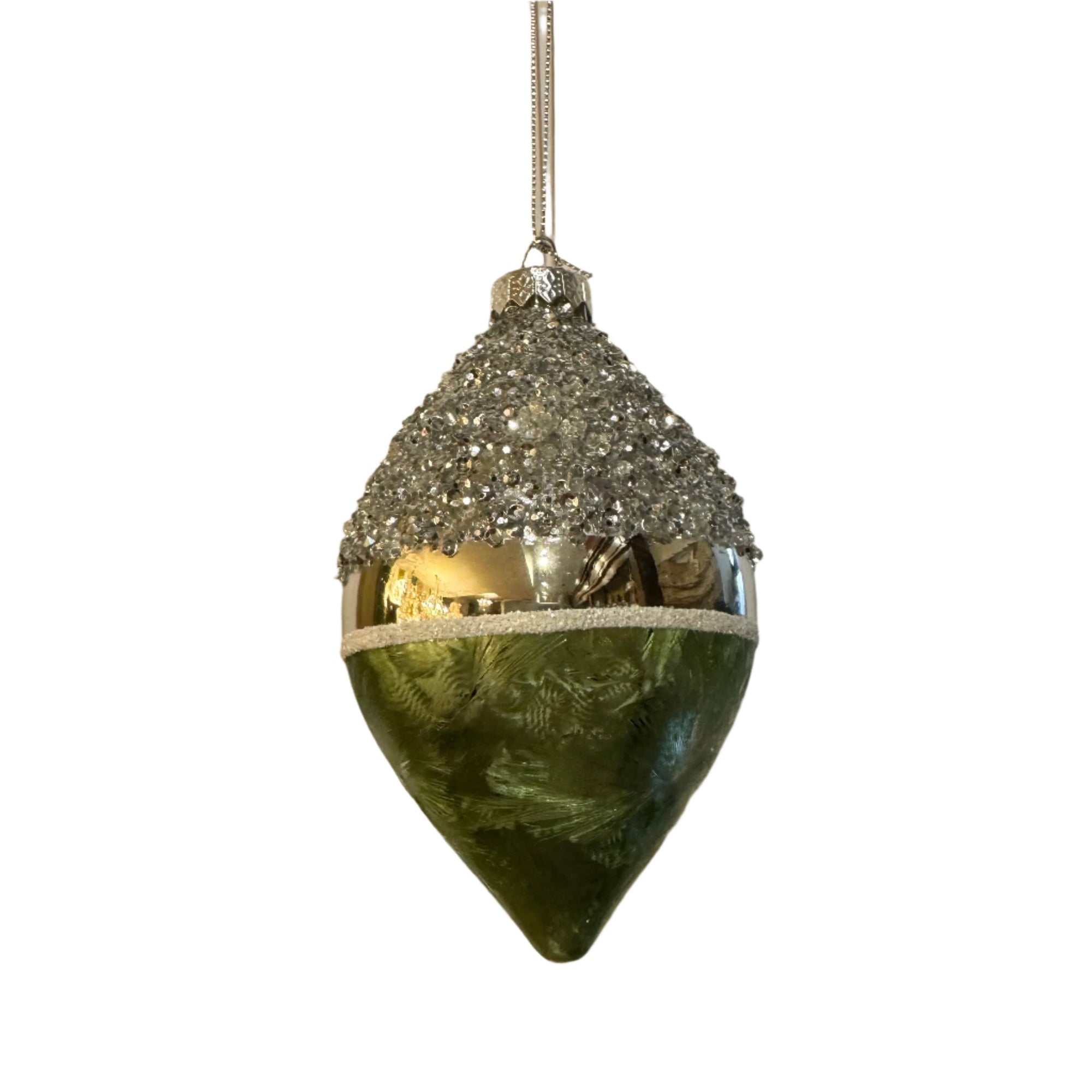 Silver Glitter and Green Frosted Ornament - Double Point