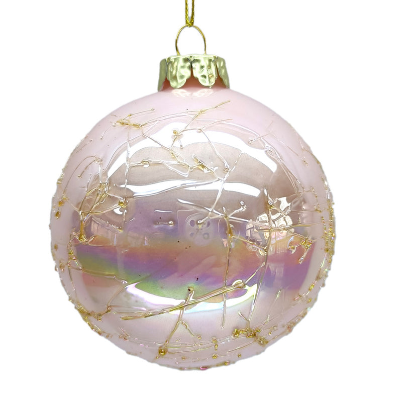 Iridescent Pink with Gold Crackle Glass Ball Ornament | Putti Christmas Decorations