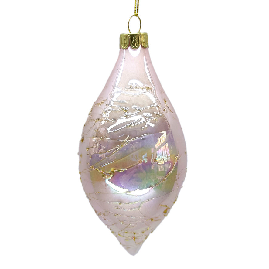 Iridescent Pink with Gold Crackle Glass Double Point  Ornament | Putti Christmas Decorations