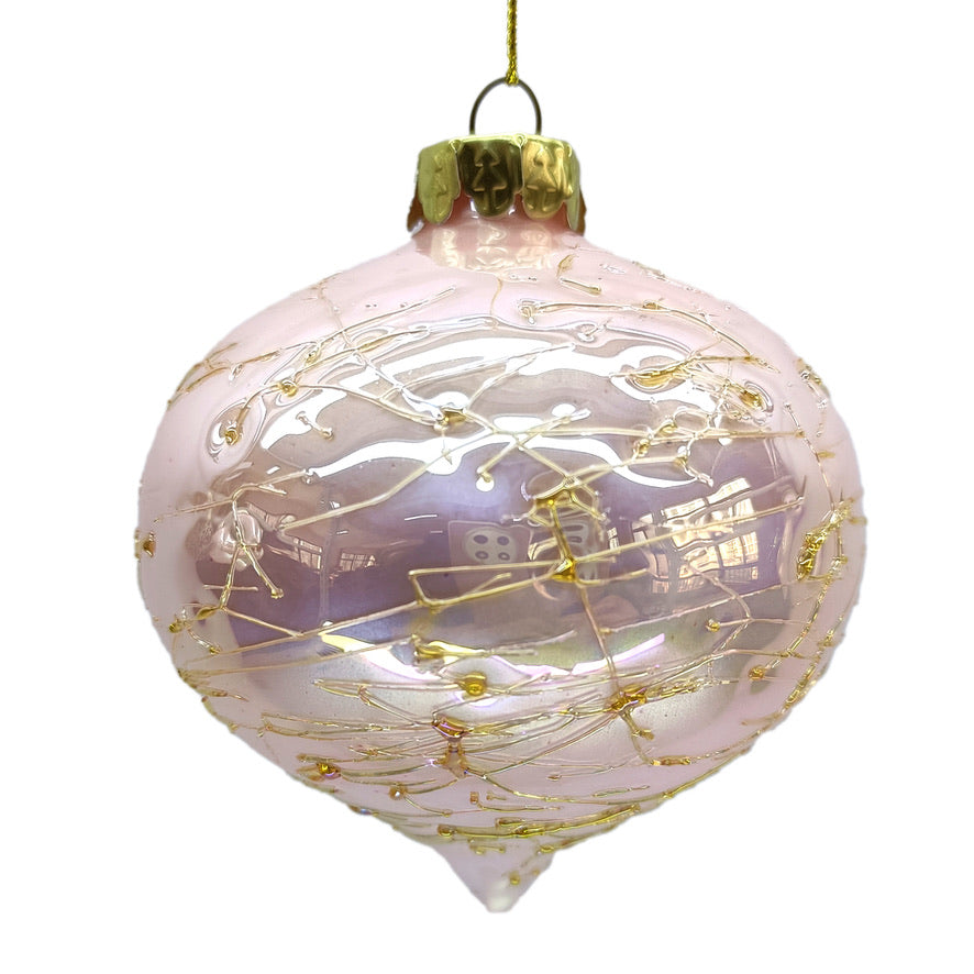 Iridescent Pink with Gold Crackle Glass Onion Ornament | Putti Christmas Decorations
