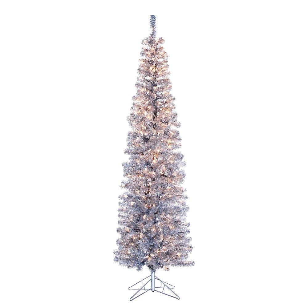 Silver Tinsel Slim Winchester Pine Tree - 7' Pre-Lit Clear Incandescent | Putti Christmas Celebrations