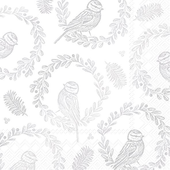 Bird Wreath White Silver Paper Lunch Napkin | Putti Christmas Entertaining