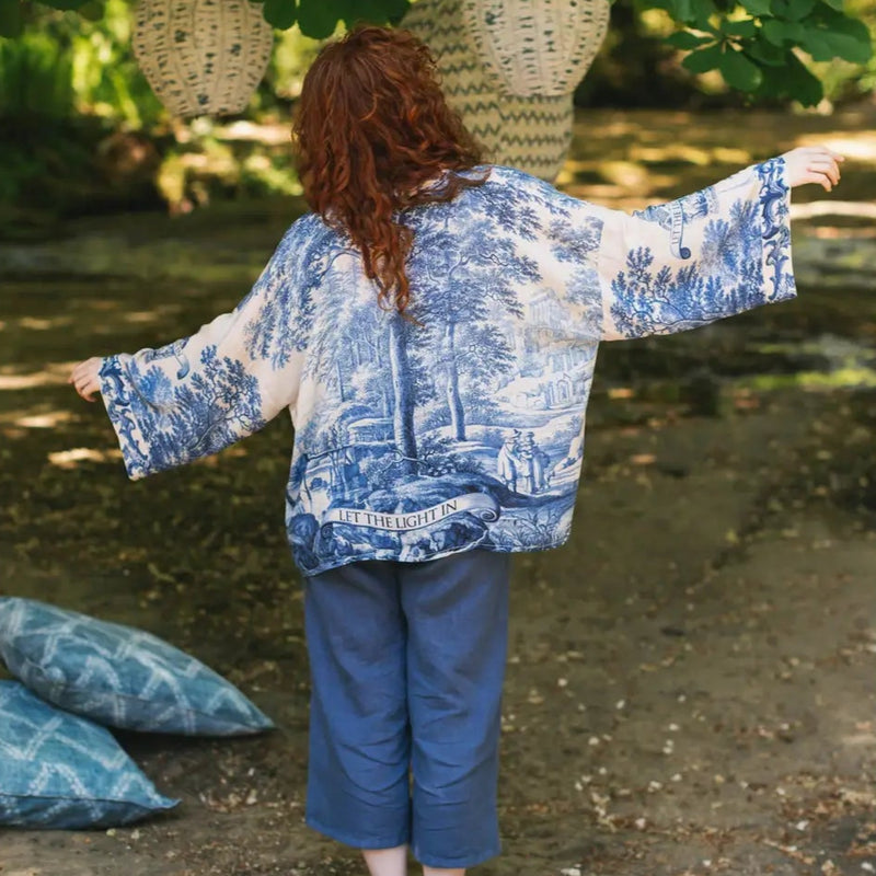 "Let the Light in" Delft Blue Print Cropped Kimono | Putti Fine Fashions