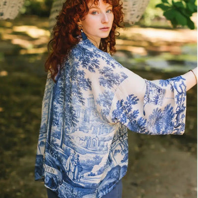 "Let the Light in" Delft Blue Print Cropped Kimono | Putti Fine Fashions