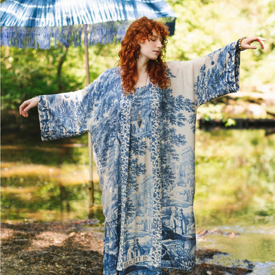 "Let the Light in" Delft Blue Print Duster Kimono  | Putti Fine Fashions