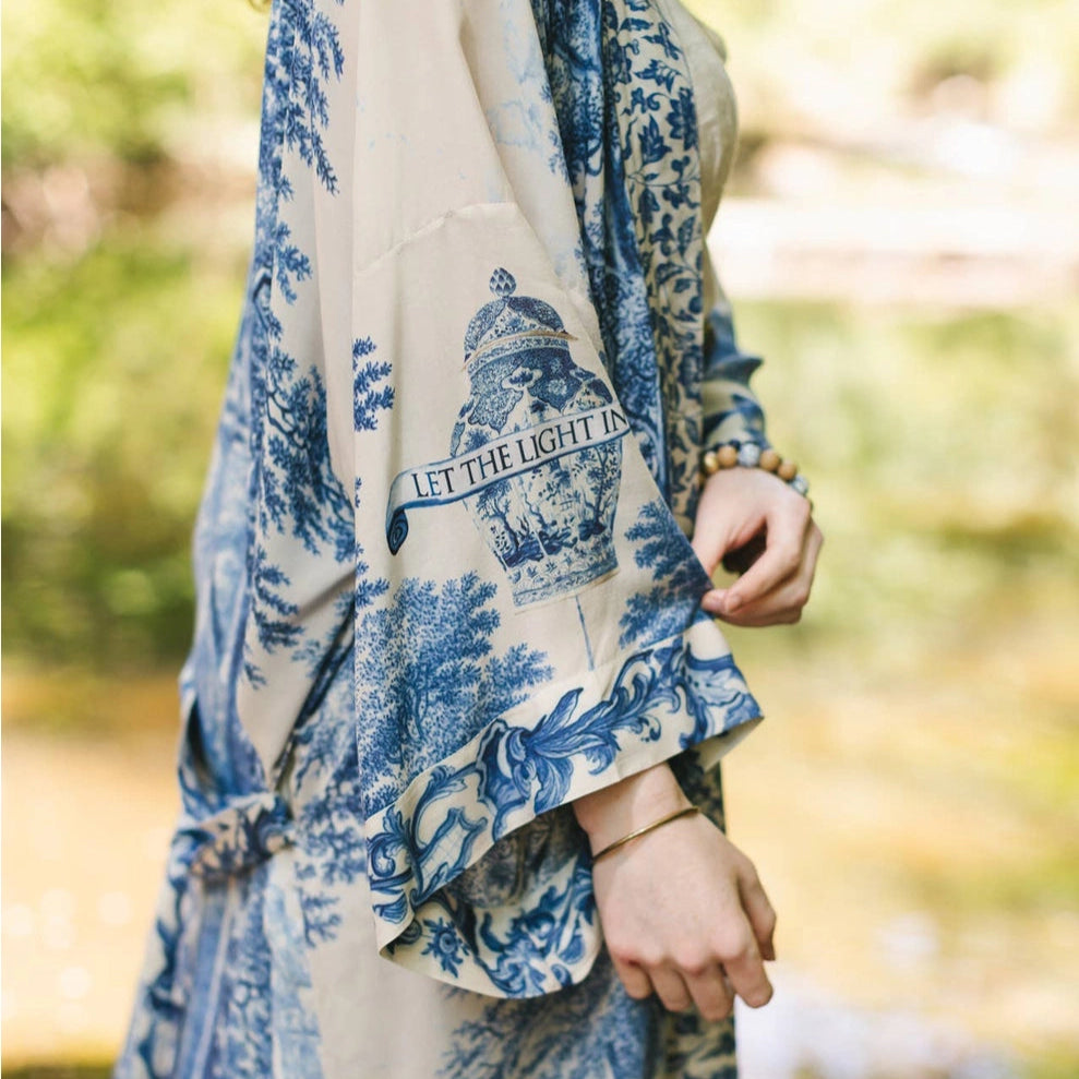 "Let the Light in" Delft Blue Print Duster Kimono  | Putti Fine Fashions